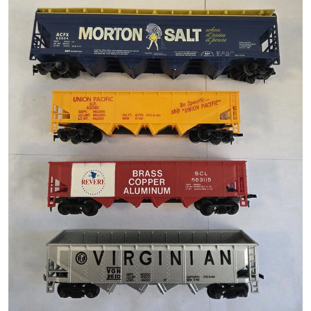 TYCO HO Scale Hopper Car Lot of 4, Morton Salt, Union Pacific, Revere, Virginian